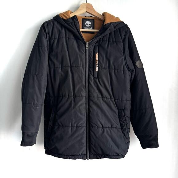 Timberland youth large 14-16 black hooded quilted winter coat kids lined - Picture 1 of 8